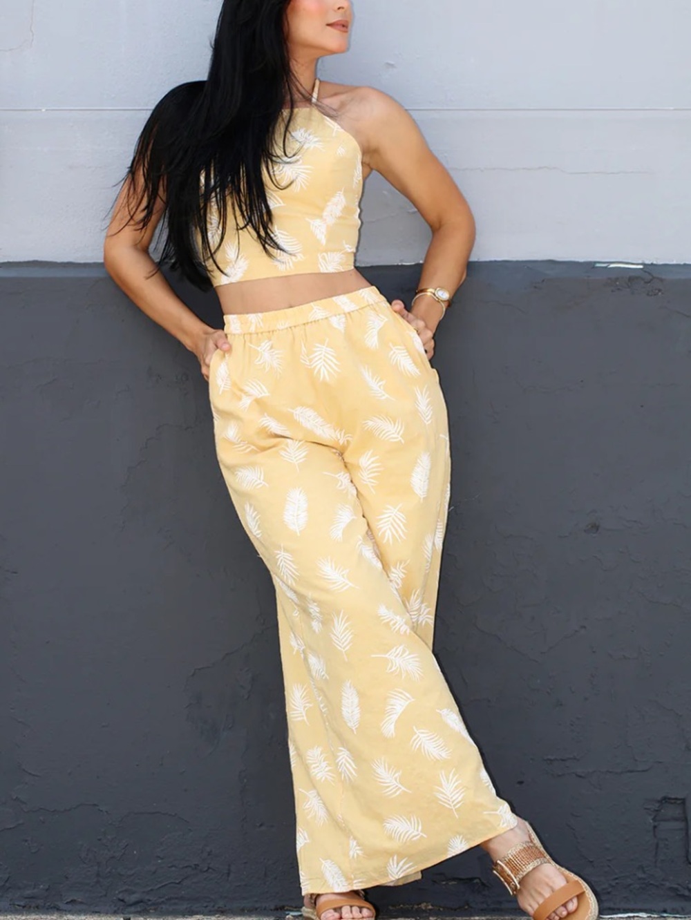 HYFVE Light Mustard Feather Printed Cotton Wide Leg Pant Set NWOT
